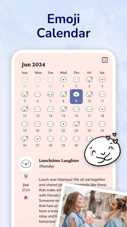 Monthly calendar of mood emojis with a diary entry below